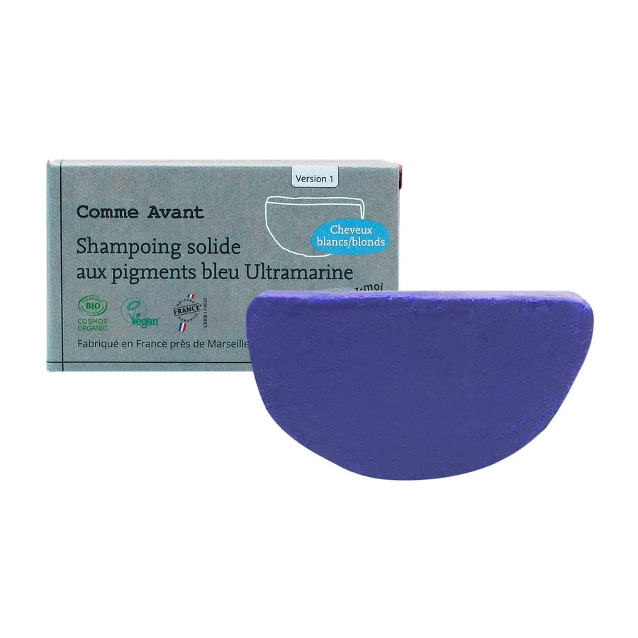 Shampoing solide cheveux blonds/blancs aux pigments bleu ultramarine