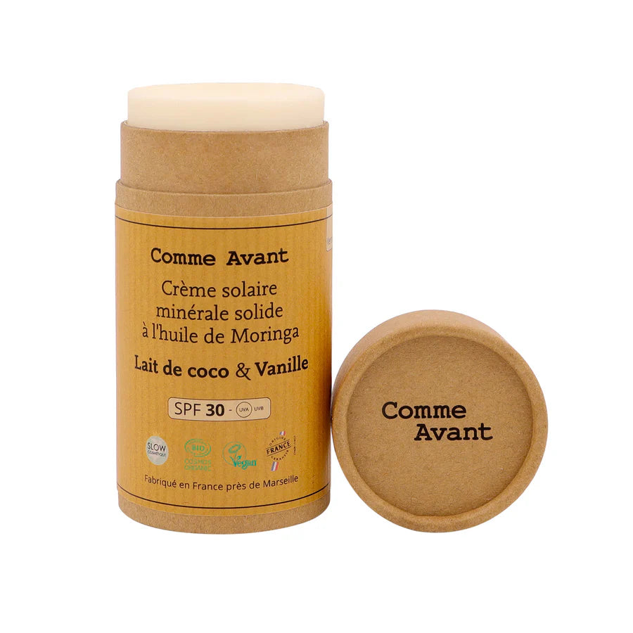 Crème solaire BIO SPF30 minérale solide à l'huile de Moringa - lait de coco & vanille