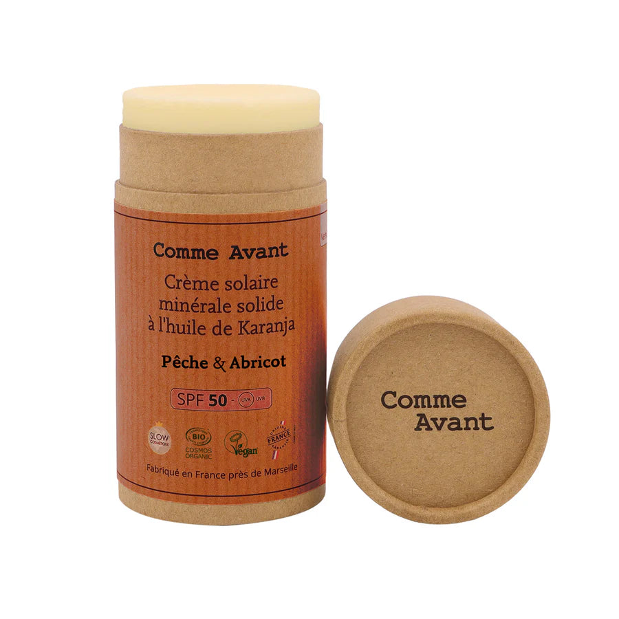 Crème solaire BIO SPF50 minérale solide à l'huile de Karanja - pêche & abricot