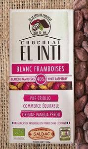 Chocolat blanc 40 % de cacao "criollo", aux framboises bio/equitable 100g