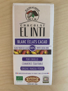 Chocolat Blanc 40 % De Cacao "CRIOLLO", Éclats de cacao 15 % Bio/Équitable 100 G