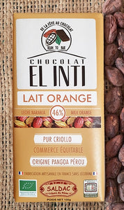 Chocolat au lait à l'orange, 46% de cacao "criollo" bio/équitable 100g