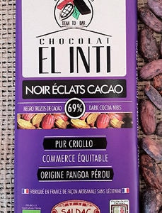 Chocolat noir 63 %, éclat de fèves 15% bio/équitable pur "criollo" 100g