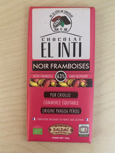 Chocolat noir 63% aux framboises Bio/Équitable pur "CRIOLLO" 100 G