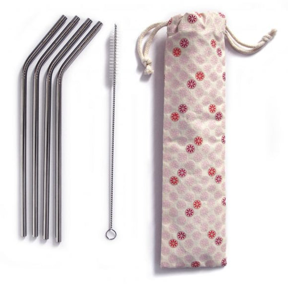 Set de 4 pailles coudées inox 18/10 - pochette rose